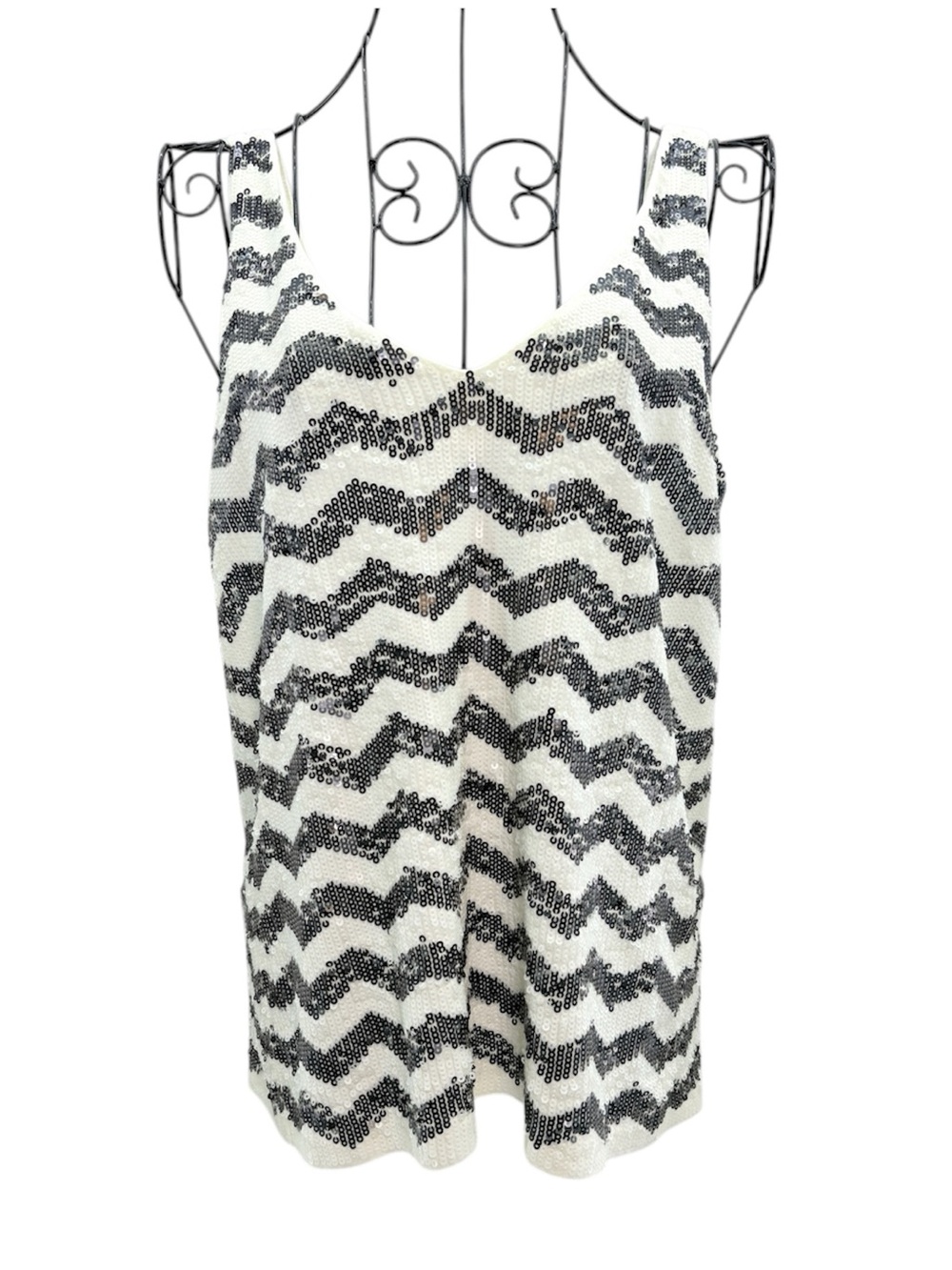 J Crew Sequin Black Cream Chevron Moto Coachella Tank Top Size XS